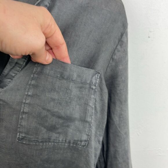 Side Stitch Linen Popover Tunic Top Blue Roll Tab Sleeve Pocket Collar Small - Picture 4 of 15